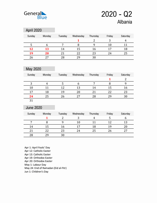 Albania Quarter 2 2020 Calendar with Holidays