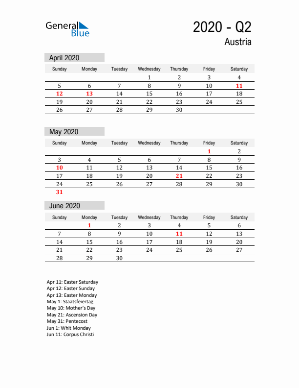 Austria Quarter 2 2020 Calendar with Holidays