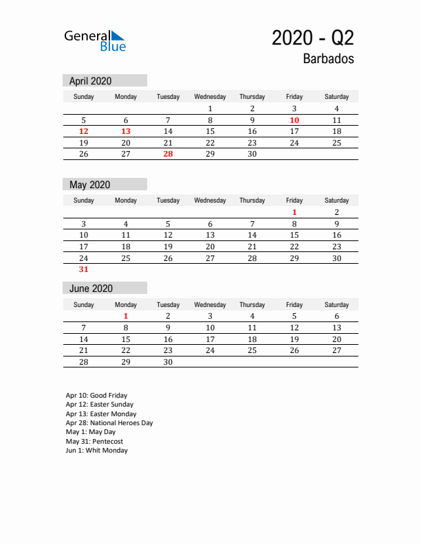 Barbados Quarter 2 2020 Calendar with Holidays