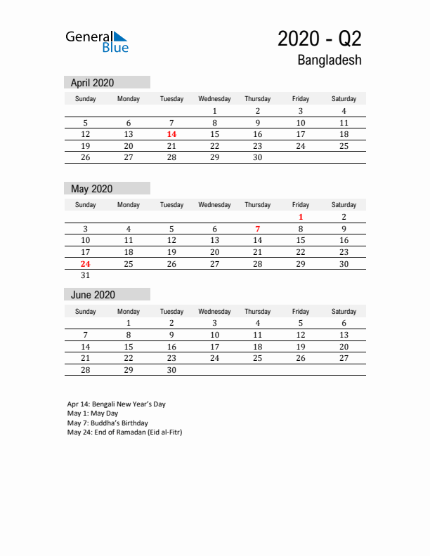 Bangladesh Quarter 2 2020 Calendar with Holidays