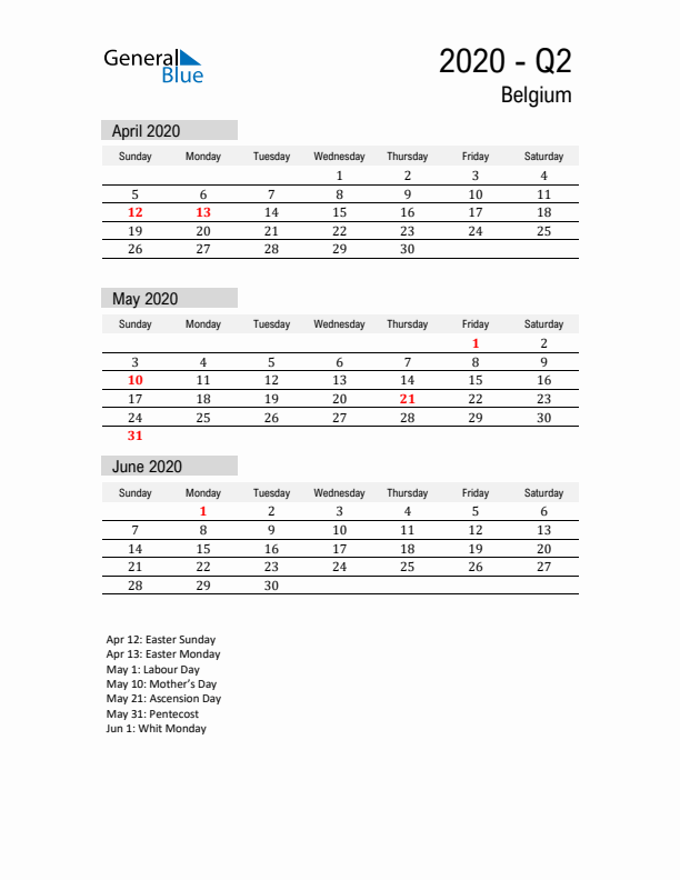 Belgium Quarter 2 2020 Calendar with Holidays