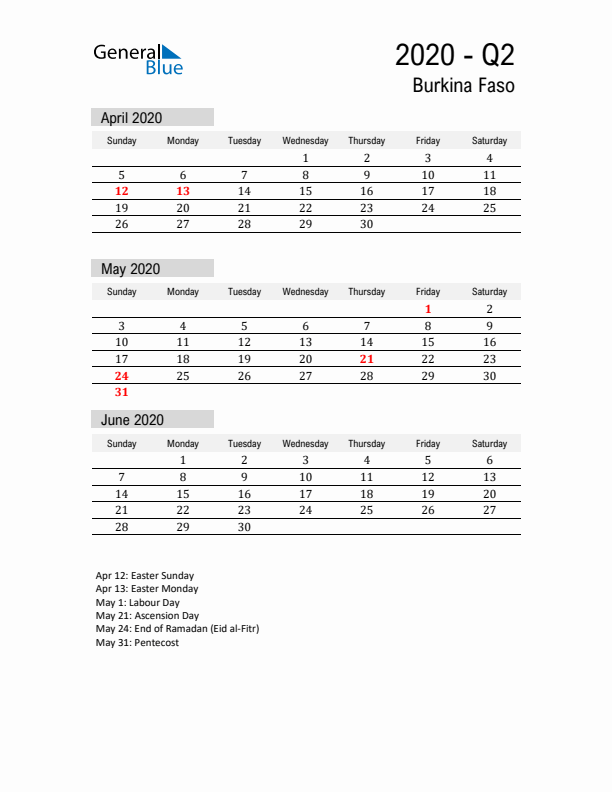 Burkina Faso Quarter 2 2020 Calendar with Holidays