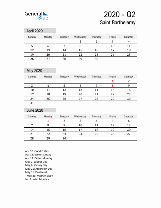 Saint Barthelemy Quarter 2 2020 Calendar with Holidays