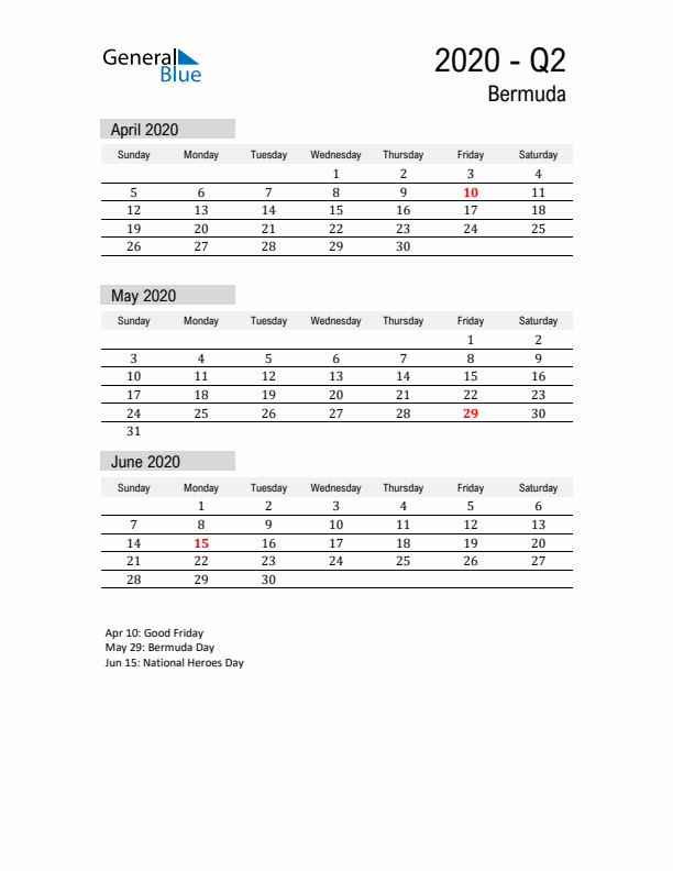 Bermuda Quarter 2 2020 Calendar with Holidays