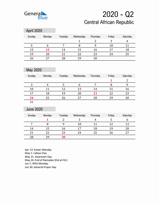 Central African Republic Quarter 2 2020 Calendar with Holidays