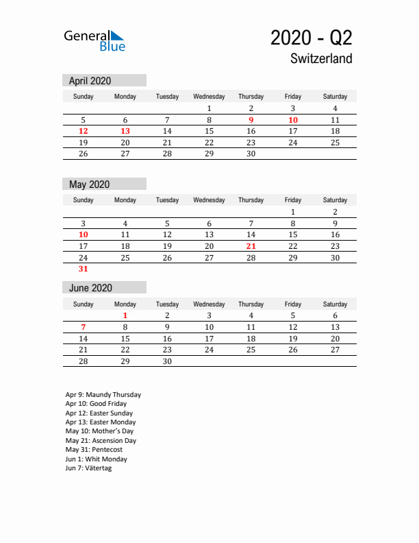 Switzerland Quarter 2 2020 Calendar with Holidays