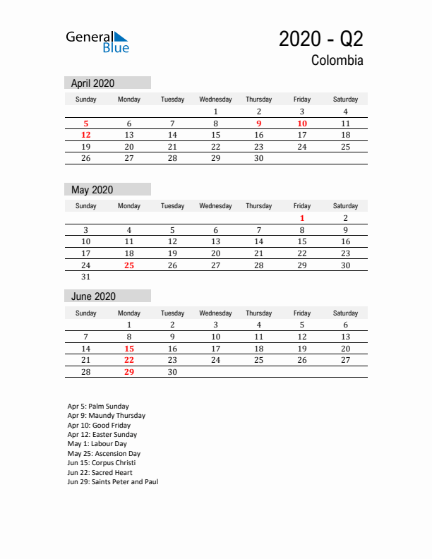 Colombia Quarter 2 2020 Calendar with Holidays