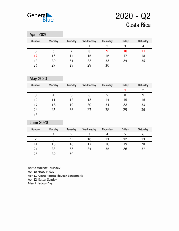 Costa Rica Quarter 2 2020 Calendar with Holidays