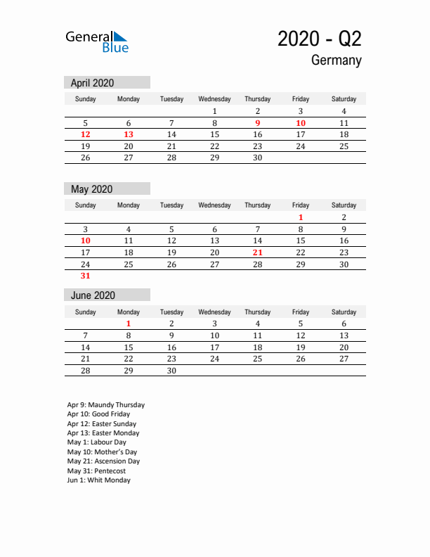 Germany Quarter 2 2020 Calendar with Holidays