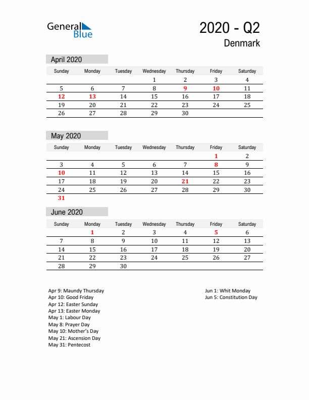 Denmark Quarter 2 2020 Calendar with Holidays