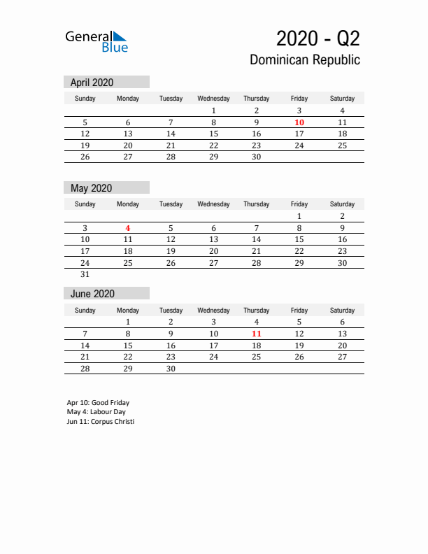 Dominican Republic Quarter 2 2020 Calendar with Holidays