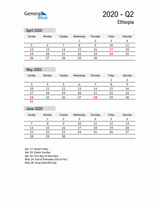 Ethiopia Quarter 2 2020 Calendar with Holidays