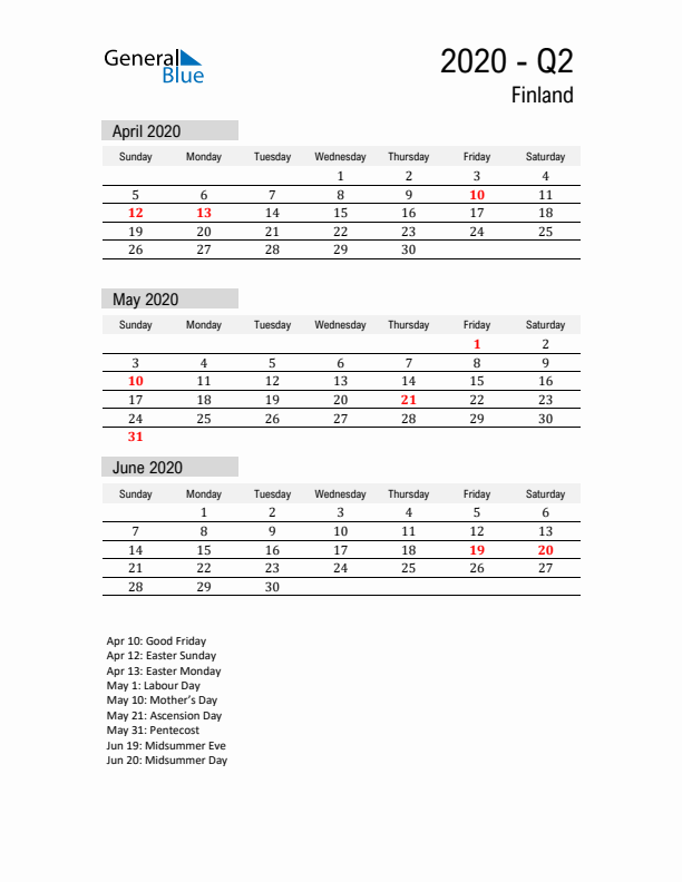 Finland Quarter 2 2020 Calendar with Holidays