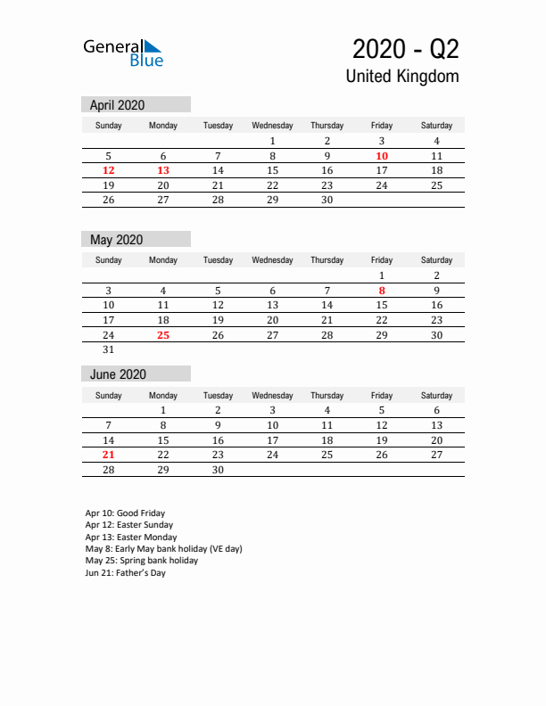 United Kingdom Quarter 2 2020 Calendar with Holidays