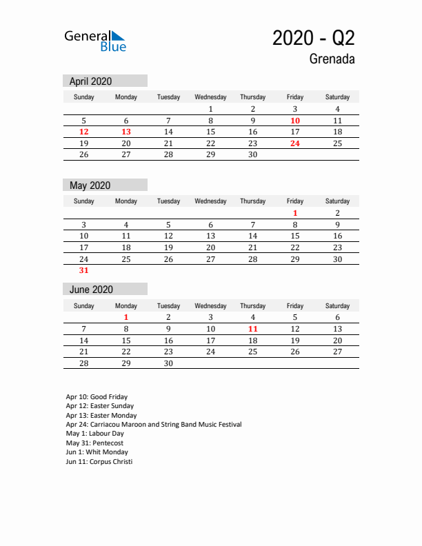 Grenada Quarter 2 2020 Calendar with Holidays