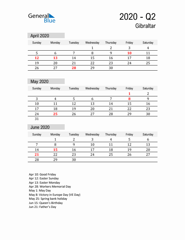 Gibraltar Quarter 2 2020 Calendar with Holidays