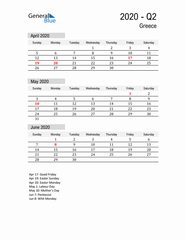 Greece Quarter 2 2020 Calendar with Holidays