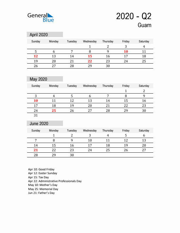 Guam Quarter 2 2020 Calendar with Holidays