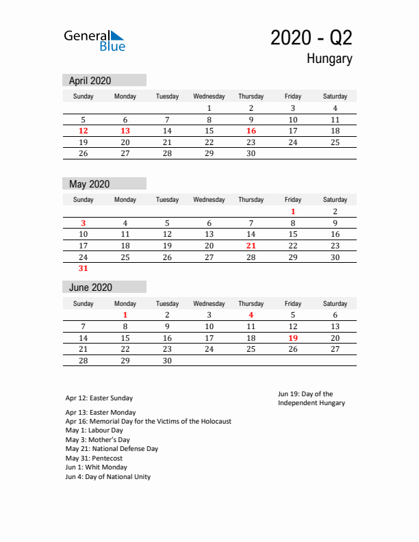 Hungary Quarter 2 2020 Calendar with Holidays