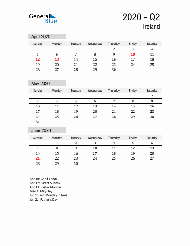 Ireland Quarter 2 2020 Calendar with Holidays