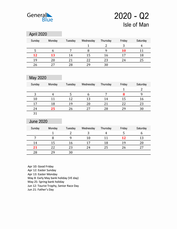 Isle of Man Quarter 2 2020 Calendar with Holidays