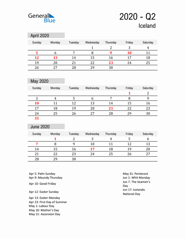 Iceland Quarter 2 2020 Calendar with Holidays