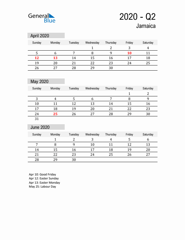 Jamaica Quarter 2 2020 Calendar with Holidays