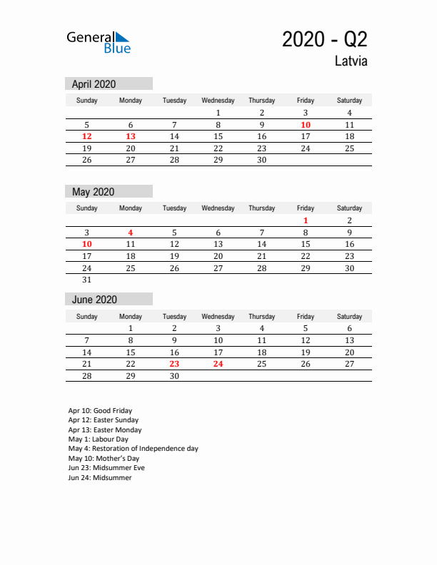 Latvia Quarter 2 2020 Calendar with Holidays