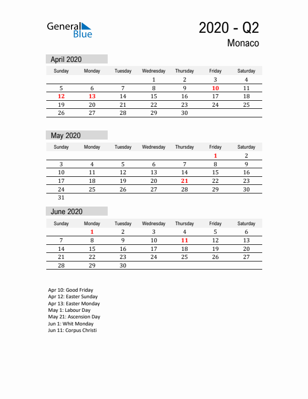 Monaco Quarter 2 2020 Calendar with Holidays