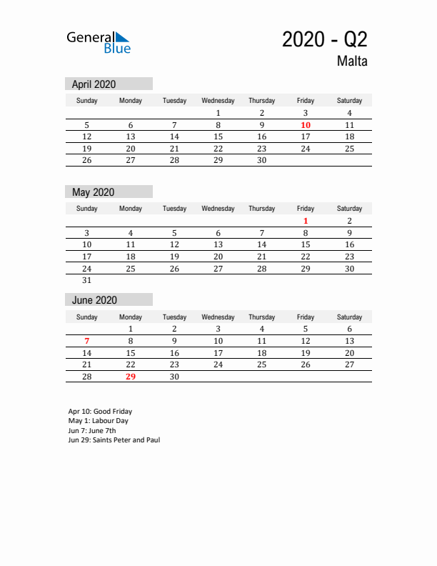 Malta Quarter 2 2020 Calendar with Holidays