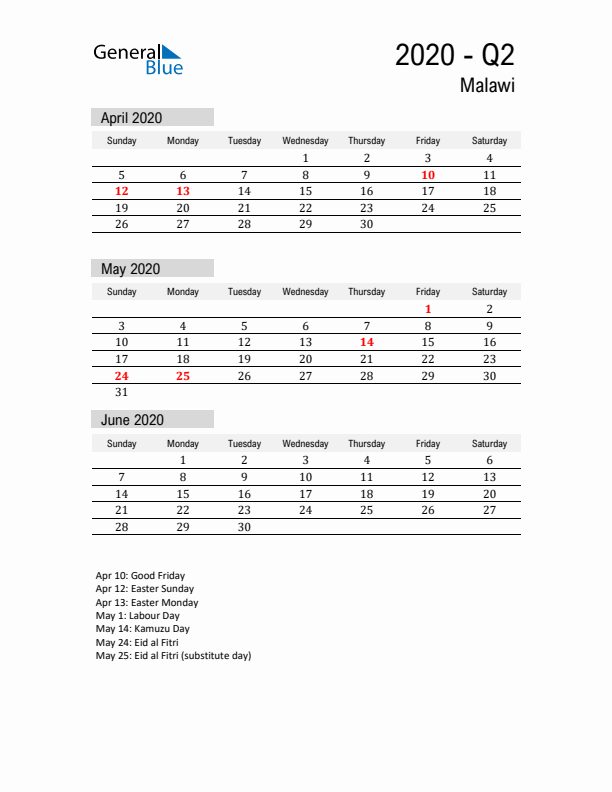 Malawi Quarter 2 2020 Calendar with Holidays