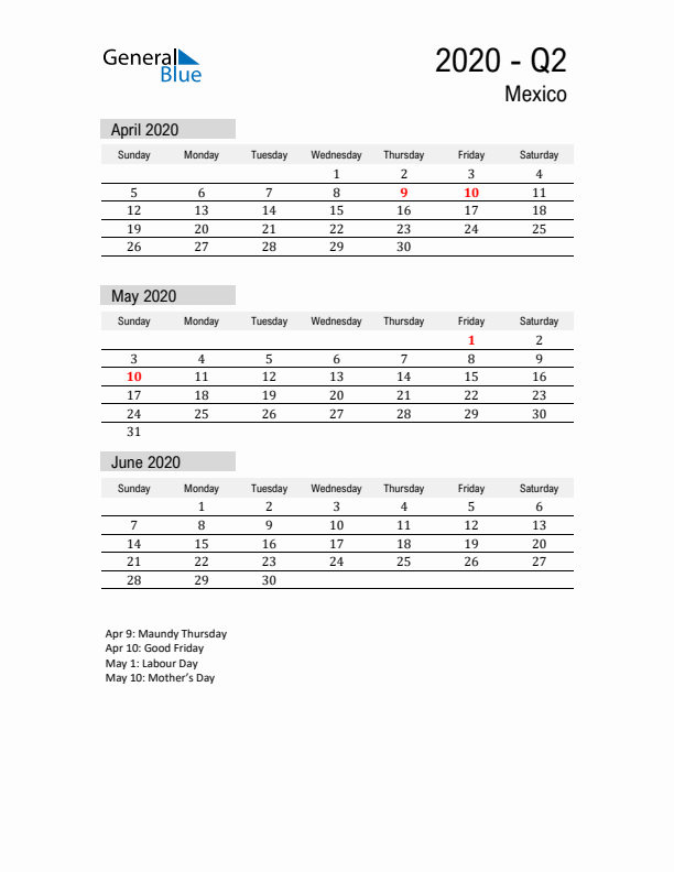 Mexico Quarter 2 2020 Calendar with Holidays