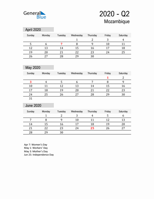 Mozambique Quarter 2 2020 Calendar with Holidays