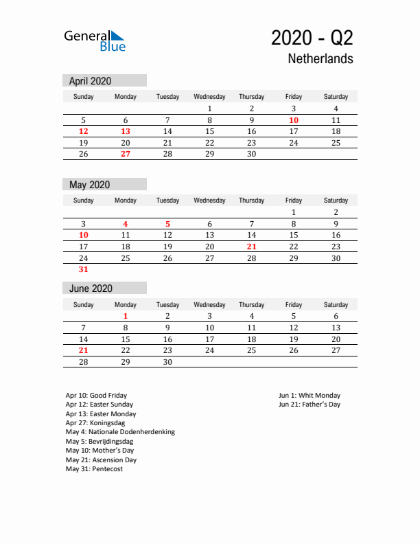 The Netherlands Quarter 2 2020 Calendar with Holidays