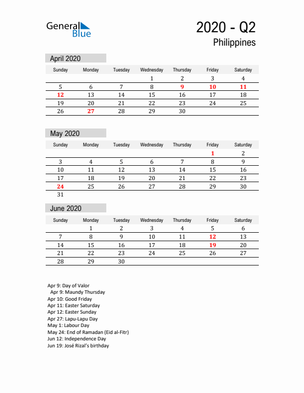 Philippines Quarter 2 2020 Calendar with Holidays