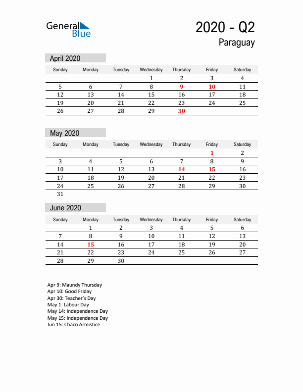 Paraguay Quarter 2 2020 Calendar with Holidays