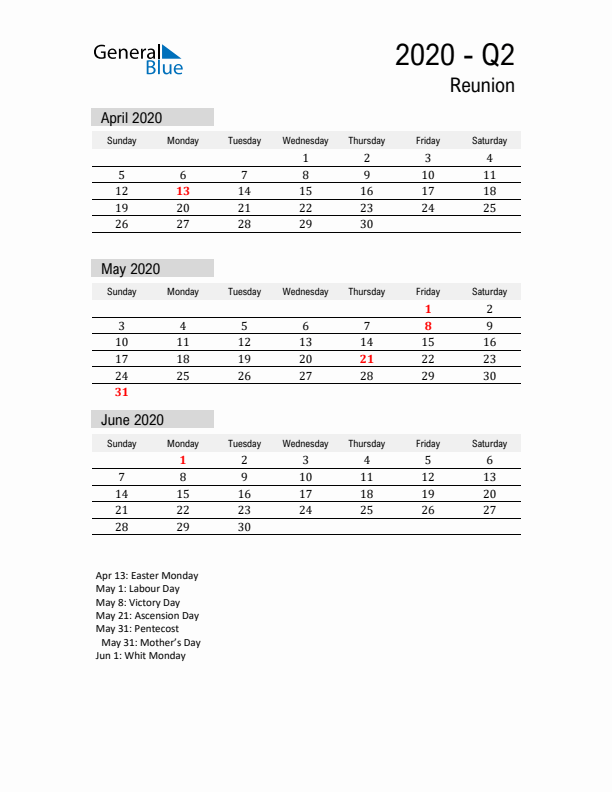 Reunion Quarter 2 2020 Calendar with Holidays