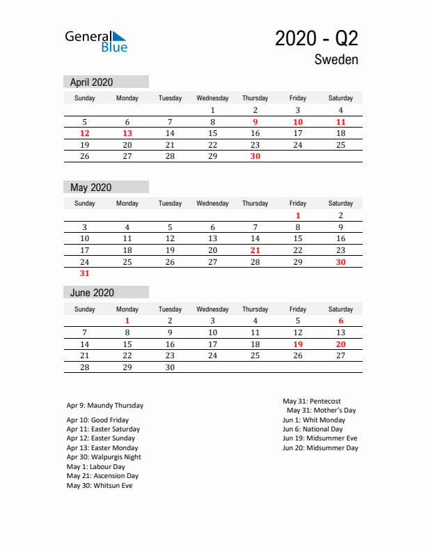 Sweden Quarter 2 2020 Calendar with Holidays