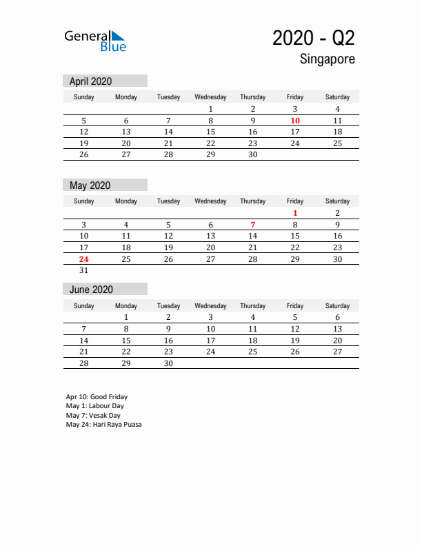 Singapore Quarter 2 2020 Calendar with Holidays