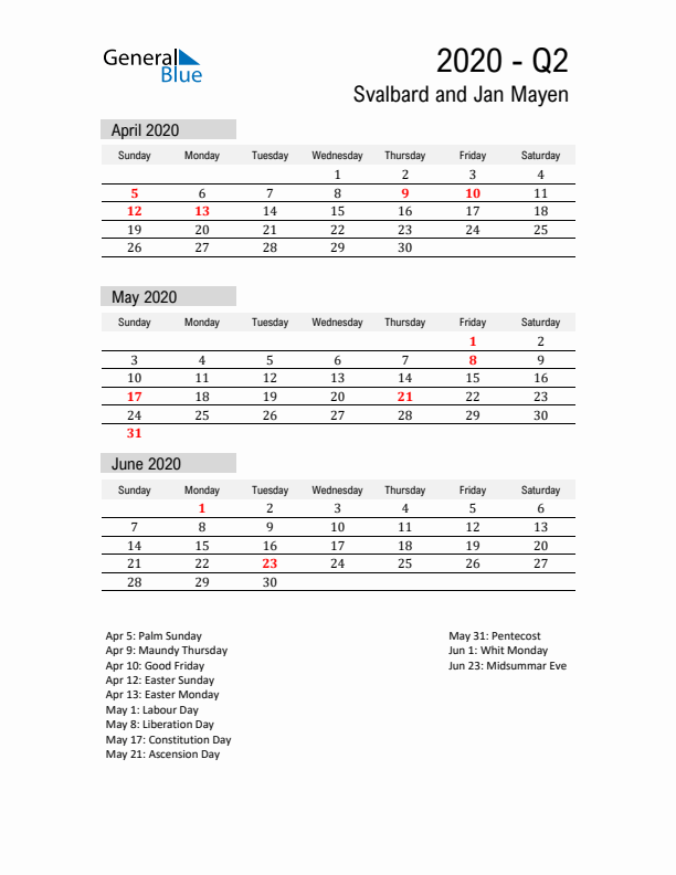 Svalbard and Jan Mayen Quarter 2 2020 Calendar with Holidays