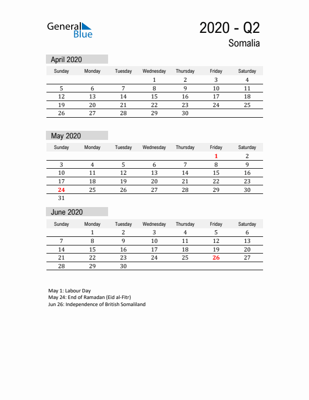 Somalia Quarter 2 2020 Calendar with Holidays