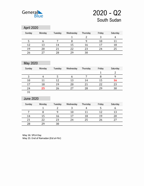 South Sudan Quarter 2 2020 Calendar with Holidays