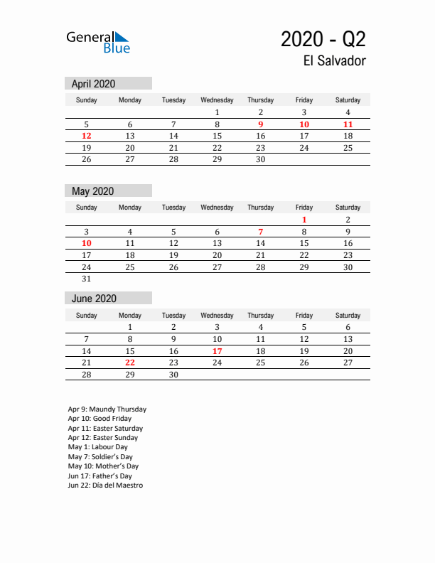 El Salvador Quarter 2 2020 Calendar with Holidays