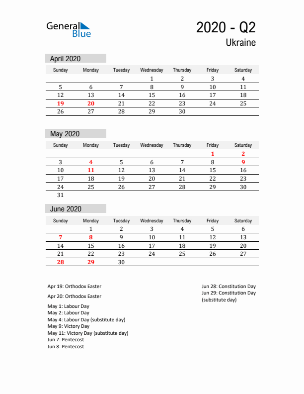 Ukraine Quarter 2 2020 Calendar with Holidays