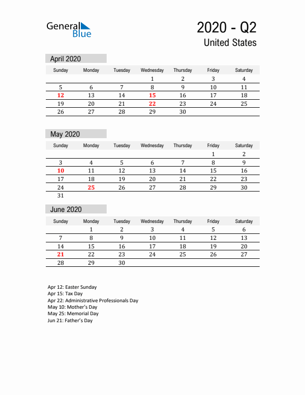 United States Quarter 2 2020 Calendar with Holidays