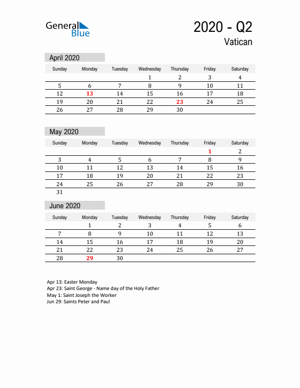 Vatican Quarter 2 2020 Calendar with Holidays