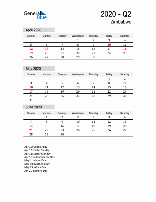 Zimbabwe Quarter 2 2020 Calendar with Holidays