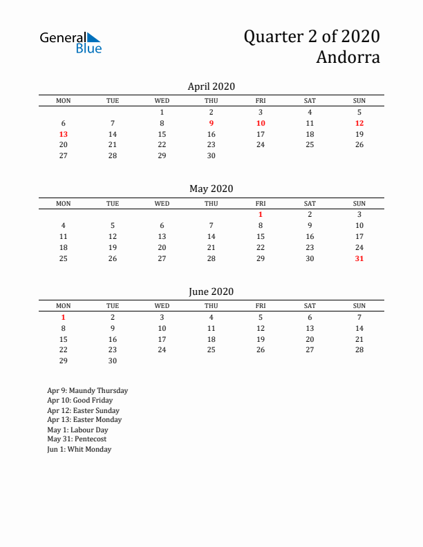 Quarter 2 2020 Andorra Quarterly Calendar