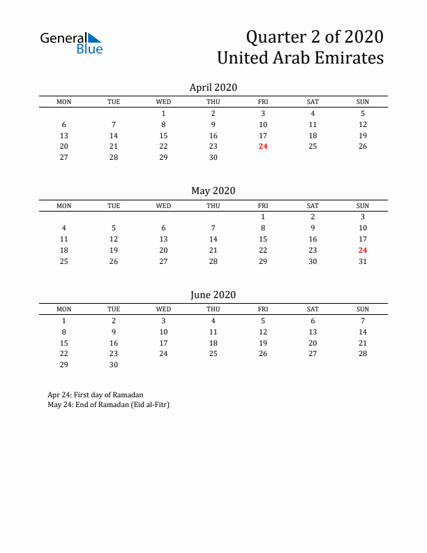 Quarter 2 2020 United Arab Emirates Quarterly Calendar