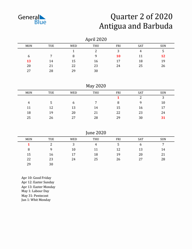 Quarter 2 2020 Antigua and Barbuda Quarterly Calendar